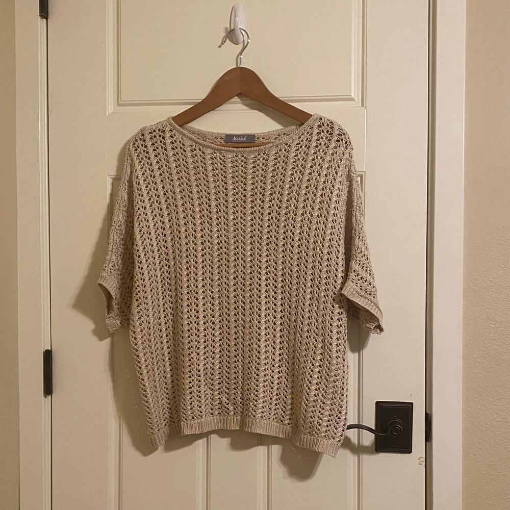 Marled Reunited Clothing Beige Crochet Knit Short 3/4 Sleeve